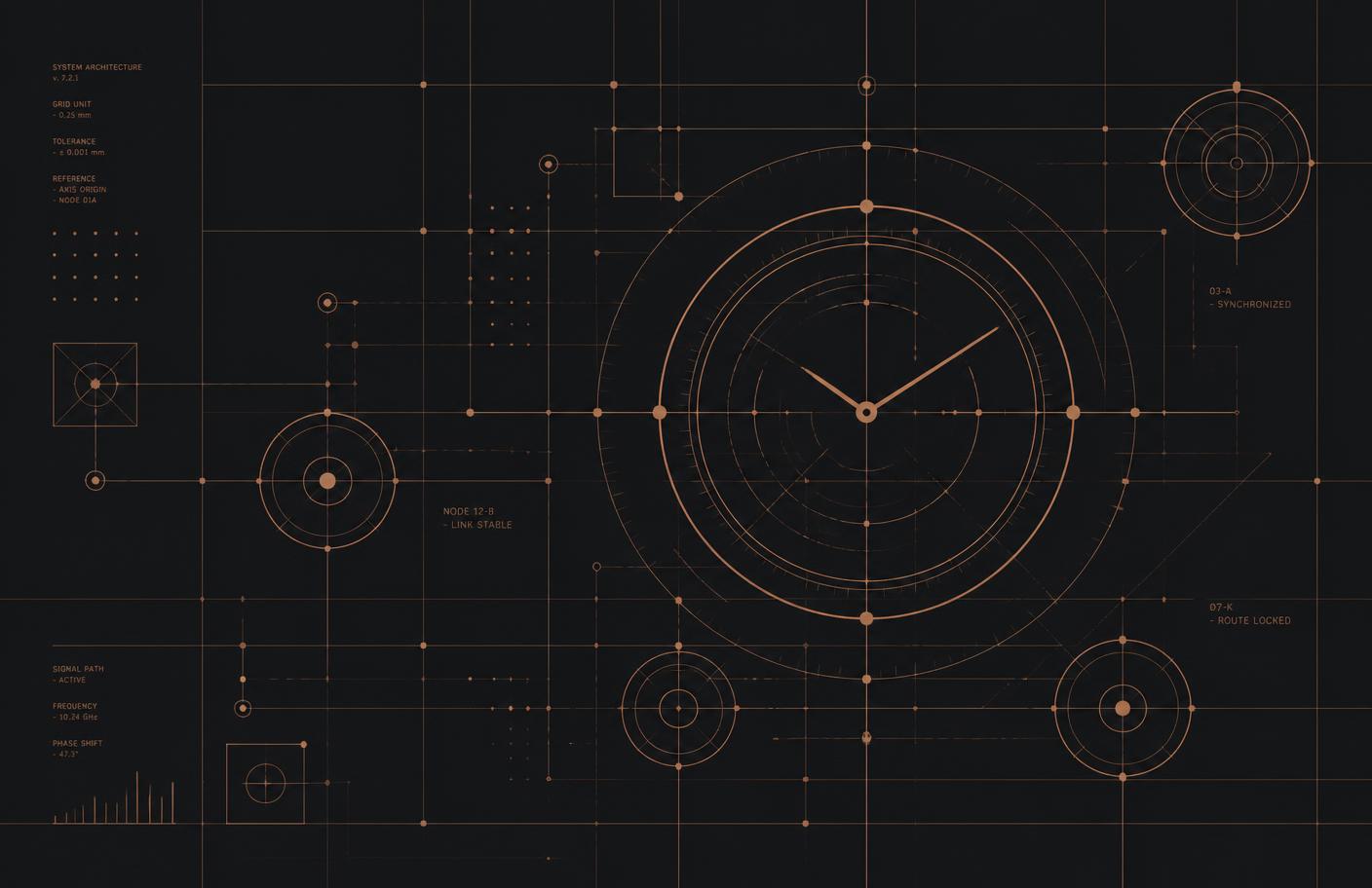Abstract technical diagram of copper grid lines, nodes and clock-inspired circles on a dark background