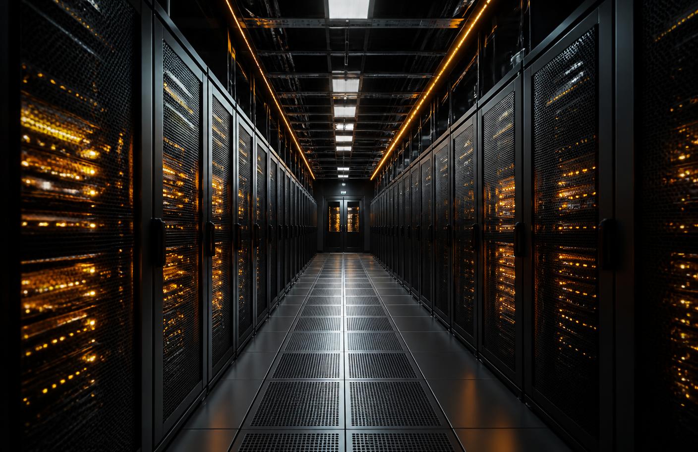 Symmetrical corridor of dark server racks with warm amber status lights in a data centre