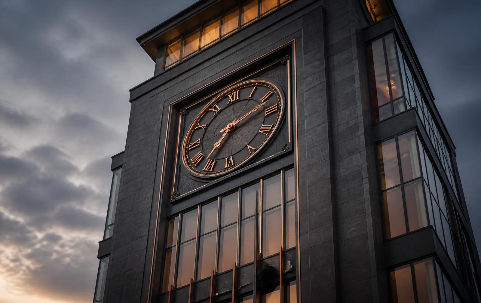 Low-angle view of a modern clock tower facade in dark stone with a copper clock face at dusk