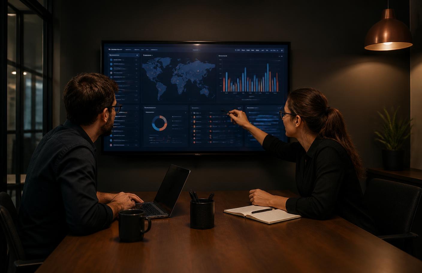 Two engineers discussing a monitoring dashboard displayed on a large screen in a dark meeting room
